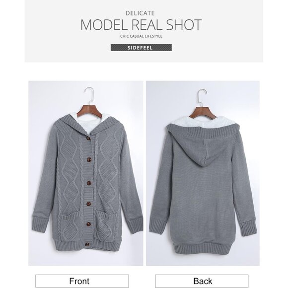 Women's Hooded Fleece Lined Cardigan Sweater Small Winter Coat with Pockets - Picture 7 of 7
